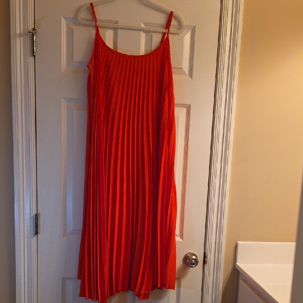 Pleated Spaghetti Strap Dress in Bright Red-Orange